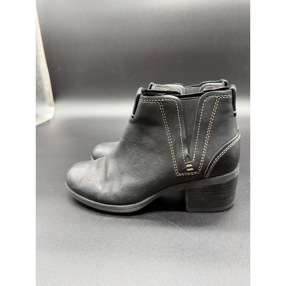 Clarks Artisan Black Leather Ankle Boots Contrast Stitch Block Heel‎ Size 6